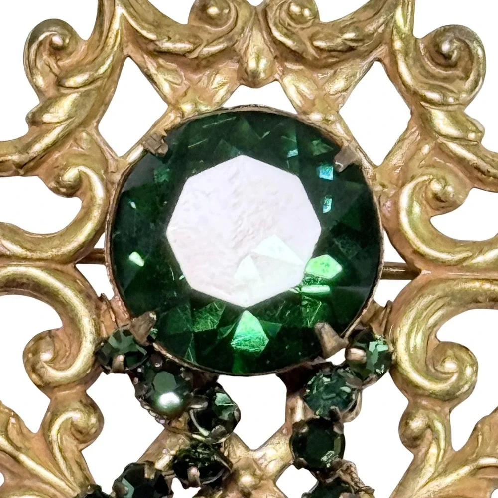Victorian Revival Brooch Gold Tone Filigree Emerald Green Glass Stones Dangles